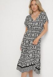 Biało-Czarna Bawełniana Sukienka Rozkloszowana we Wzór Paisley Lanadira. Czarne sukienki Born2be, l, bez wzorów, z bawełny, boho, bez kołnierzyka, bez ramiączek, midi, rozkloszowane. Za 44.99 zł.