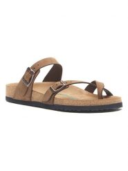 Comfortfusse Skórzane japonki w kolorze jasnobrązowym rozmiar: 38. Brązowe klapki Comfortfüße, bez wzorów, z nubiku, z otwartym noskiem, bez obcasa. Za 237.73 zł.