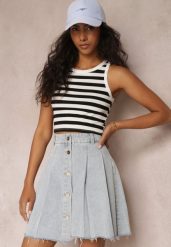 Jasnoniebieska Jeansowa Spódnica Mini z Zakładkami Hollette. Niebieskie spódnice Renee, m, z aplikacjami, z jeansu, eleganckie, mini. Za 49.99 zł.