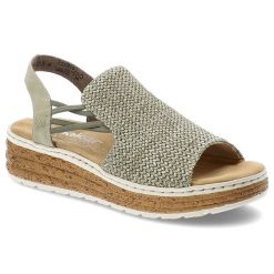 Sandały damskie Rieker, cholewka z materiału tekstylnego o plecionej strukturze odkrytą piętą na lekkiej platformowej podeszwie, zielone, 62741-52. Zielone sandały Rieker, bez wzorów, bez obcasa, na platformie, bez zapięcia. Za 287.90 zł.