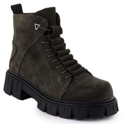 Skórzane botki damskie zamszowe khaki D&A S.Barski Premium Collection JC52-884. Brązowe botki S.BARSKI, bez wzorów, ze skóry, bez obcasa, bez zapięcia. Za 299.99 zł.