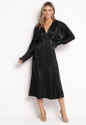 Czarna Sukienka Midi z Luźną Górą i Gumką w Pasie Gorina. Czarne sukienki Born2be, l, bez wzorów, bez kołnierzyka, bez ramiączek, midi. Za 169.99 zł.