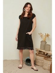 Le Monde du Lin Lniana sukienka w kolorze czarnym rozmiar: 34/36. Czarne sukienki Le Monde du Lin, na co dzień, bez wzorów, z koronki, klasyczne, bez kołnierzyka, bez ramiączek, mini, proste. Za 143.99 zł.