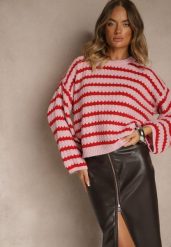 Różowo-Czerwony Oversizowy Sweter w Paski z Dzianiny z Wełną i Wiskozą Aventole. Czerwone swetry Renee, z aplikacjami, z dzianiny, bez ramiączek. Za 149.99 zł.