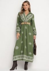 Zielona Kopertowa Sukienka z Wiskozą z Paskiem i Gumką w Talii w Etniczny Wzór Zindoria. Zielone sukienki Born2be, na co dzień, l, bez wzorów, z wiskozy, eleganckie, bez kołnierzyka, bez ramiączek, maxi, kopertowe. Za 109.99 zł.
