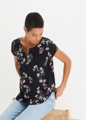 T-shirt z zamkiem z mieszanki bawełny. Czarne t-shirty bonprix, bez wzorów, z bawełny, bez kołnierzyka, bez ramiączek. Za 69.99 zł.