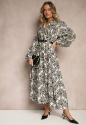 Czarna Wiskozowa Sukienka w Ornamentalny Wzór o Rozkloszowanym Kroju Gonalia. Czarne sukienki Renee, na co dzień, l, bez wzorów, z wiskozy, eleganckie, bez kołnierzyka, bez ramiączek, maxi, oversize. Za 109.99 zł.