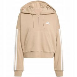 Bluza damska Essentials 3-Stripes French Terry Hoodie Quarter Zip. Brązowe bluzy Adidas, bez wzorów, z bawełny, z kapturem. Za 200.99 zł.