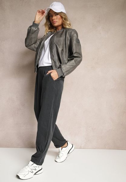 Ciemnoszare Spodnie z Bawełny High Waist Galili. Szare spodnie materiałowe Renee, na co dzień, bez wzorów, z bawełny, z podwyższonym stanem. Za 119.99 zł.