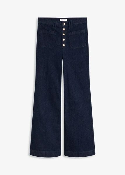 Dżinsy z rozszerzanymi nogawkami, high waist. Niebieskie jeansy bonprix, bez wzorów, z podwyższonym stanem. Za 159.99 zł.