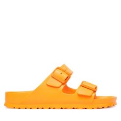 Klapki Birkenstock. Brązowe klapki Birkenstock, bez wzorów, bez obcasa. Za 249.99 zł.