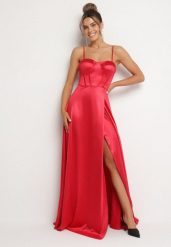 Czerwona Rozkloszowana Sukienka na Ramiączkach z Gorsetowym Wiązaniem Katilian. Czerwone sukienki Born2be, na imprezę, m, bez wzorów, z poliesteru, eleganckie, bez kołnierzyka, bez ramiączek, maxi, gorsetowe. W wyprzedaży za 191.99 zł.