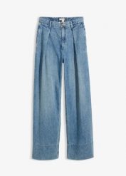 Jeansy wide leg, high waist. Niebieskie jeansy bonprix, bez wzorów, z podwyższonym stanem. Za 79.99 zł.