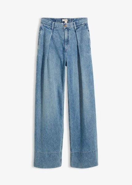Jeansy wide leg, high waist. Niebieskie jeansy bonprix, bez wzorów, z podwyższonym stanem. Za 79.99 zł.