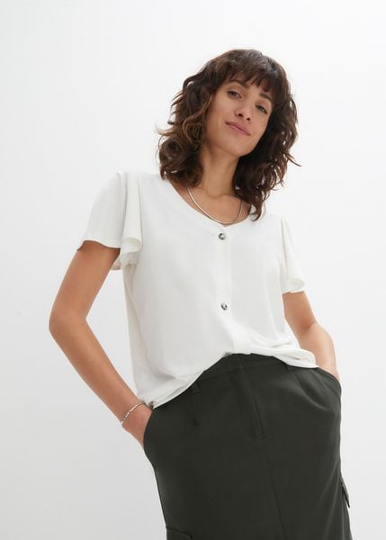 Koszulka z plisą guzikową. Czarne bluzki bonprix, bez wzorów, eleganckie, bez kołnierzyka, bez ramiączek. Za 67.99 zł.