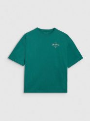 4F T-shirt oversize z nadrukiem damski - turkusowy S. Niebieskie koszulki sportowe 4f, bez wzorów, z bawełny, bez ramiączek. W wyprzedaży za 39.99 zł.