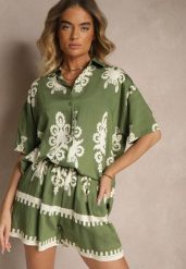 Ciemnozielony Komplet z Rustykalnym Wzorem z Szortami i Koszulą Tosnea. Zielone koszule Renee, m, bez wzorów, eleganckie, bez kołnierzyka, bez ramiączek. Za 74.99 zł.