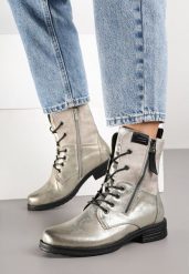 Szaro-Złote Botki w Stylu Vintage ze Sznurowaniem Vemlora. Szare botki Renee, bez wzorów, z jeansu, bez obcasa, na płaskiej podeszwie, bez zapięcia. Za 149.99 zł.