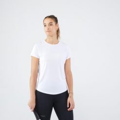 Koszulka tenisowa z okrągłym dekoltem damska Artengo Dry Essential 100. Białe bluzki ARTENGO, xs, bez wzorów, z materiału, eleganckie, bez kołnierzyka, bez ramiączek. Za 39.99 zł.