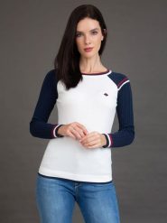SIR RAYMOND TAILOR Sweter "Jonava" w kolorze biało- ciemno niebieskim rozmiar: L. Białe swetry Sir Raymond Tailor, l, bez wzorów, z bawełny, bez ramiączek. Za 226.75 zł.