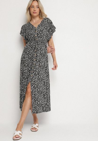 Czarna Bawełniana Sukienka z Gumką w Talii w Drobne Kwiatki Nulinea. Czarne sukienki Born2be, na co dzień, na lato, l, bez wzorów, z bawełny, eleganckie, bez kołnierzyka, bez ramiączek, rozkloszowane. Za 59.99 zł.