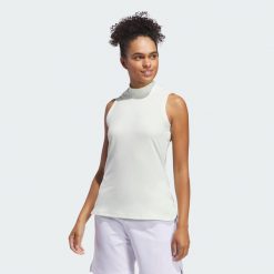 Koszulka Women's Ultimate365 Sleeveless Mock Neck Polo. Białe bluzki Adidas, l, bez wzorów, z materiału, bez kołnierzyka, bez ramiączek. Za 249.00 zł.