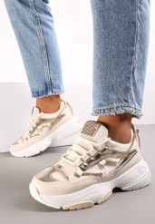 Beżowe Sneakersy Ozdobione Sznureczkiem z Cyrkoniami Nathanias. Brązowe obuwie sportowe Renee, z jeansu, bez zapięcia. Za 119.99 zł.
