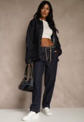 Niebieskie Szerokie Jeansy z Bawełny High Waist Ozdobione Sznurkiem Landa. Niebieskie jeansy Renee, l, bez wzorów, z podwyższonym stanem. Za 99.99 zł.