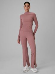 4F Spodnie treningowe z rozszerzanymi nogawkami damskie - różowe L. Czerwone spodnie dresowe 4f, l, bez wzorów, ze skóry, z podwyższonym stanem, na fitness i siłownię. Za 169.99 zł.