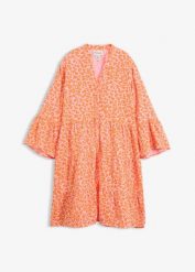 Sukienka tunikowa z przewiewnego muślinu. Brązowe sukienki bonprix, bez wzorów, z bawełny, bez kołnierzyka, bez ramiączek. Za 134.99 zł.