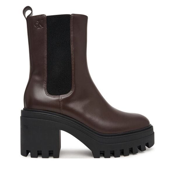 Botki Calvin Klein. Brązowe botki Calvin Klein, bez wzorów, bez obcasa, na słupku, bez zapięcia. Za 699.99 zł.