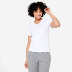 Koszulka z krótkim rękawem damska Domyos Gym & Pilates. Białe bluzki NYAMBA, xl, bez wzorów, z bawełny, sportowe, bez kołnierzyka, bez ramiączek. Za 39.99 zł.