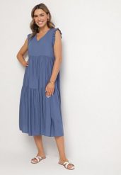 Niebieska Bawełniana Sukienka Ozdobiona Falbankami Aveliova. Niebieskie sukienki Born2be, na co dzień, l, bez wzorów, z bawełny, eleganckie, bez kołnierzyka, bez ramiączek, midi, proste. Za 39.99 zł.