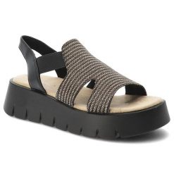 Sandały damskie Marco Tozzi, cholewka ze skóry ekologicznej i materiału wsuwane na wyższej podeszwie, czarne, 2-28524-46 098. Czarne sandały Marco Tozzi, bez wzorów, ze skóry ekologicznej, bez obcasa, na koturnie, bez zapięcia. Za 209.00 zł.