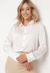 Biała Koszula o Klasycznym Fasonie Zapinana na Guziki Dlinesta. Białe koszule Born2be, l, bez wzorów, z jeansu, eleganckie, bez kołnierzyka, bez ramiączek. Za 89.99 zł.