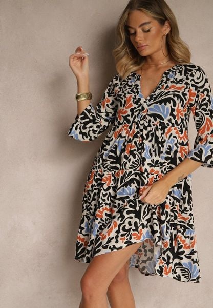 Czarno-Beżowa Sukienka z Wiskozy o Rozkloszowanym Kroju w Abstrakcyjny Wzór Lirese. Czarne sukienki Renee, na co dzień, l, bez wzorów, z wiskozy, eleganckie, bez kołnierzyka, bez ramiączek, mini, rozkloszowane. Za 109.99 zł.