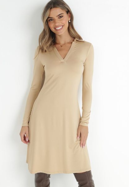 Beżowa Sukienka z Kołnierzykiem Celle. Brązowe sukienki Born2be, na co dzień, l, z aplikacjami, z wiskozy, eleganckie, bez kołnierzyka, bez ramiączek, midi, kopertowe. Za 169.99 zł.