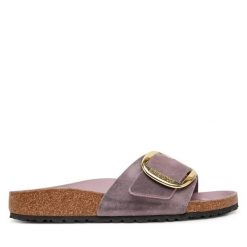 Damskie japonki konturowana wkładka MADRID Big Buckle. Fioletowe klapki Birkenstock, bez wzorów, ze skóry, bez obcasa. Za 640.00 zł.