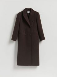 Dwurzędowy taliowany płaszcz - ciemnobrązowy. Brązowe płaszcze Reserved, l, bez wzorów, z tkaniny, bez kaptura. Za 359.99 zł.