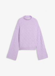 Sweter ze wzorem w warkocze. Fioletowe swetry bonprix, bez wzorów, bez ramiączek. Za 127.99 zł.