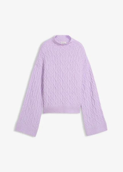 Sweter ze wzorem w warkocze. Fioletowe swetry bonprix, bez wzorów, bez ramiączek. Za 127.99 zł.