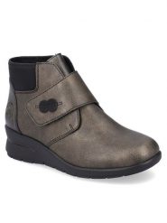 Rieker Botki L4884-90 Srebrny. Szare botki Rieker, bez wzorów, ze skóry, bez obcasa, na koturnie, bez zapięcia. Za 349.99 zł.