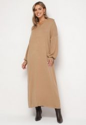 Ciemnobeżowa Pudełkowa Sukienka Sweterkowa z Wiskozą Szerokimi Rękawami i Kołnierzykiem Rinfera. Brązowe sukienki Born2be, na co dzień, uniwersalny, bez wzorów, z dzianiny, eleganckie, bez kołnierzyka, bez ramiączek, proste. Za 79.99 zł.