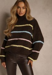 Brązowy Golf z Wełną w Paski Monallesa. Brązowe golfy Renee, bez wzorów, z jeansu, bez ramiączek. Za 169.99 zł.