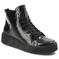 Czarne Botki Rieker Modne Lakierowane Obuwie Damskie. Czarne botki Rieker, bez wzorów, z lakierowanej skóry, bez obcasa, bez zapięcia. Za 379.00 zł.
