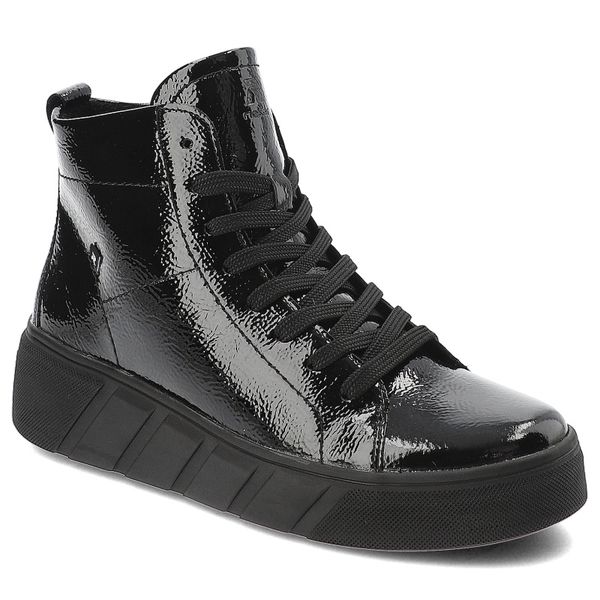 Czarne Botki Rieker Modne Lakierowane Obuwie Damskie. Czarne botki Rieker, bez wzorów, z lakierowanej skóry, bez obcasa, bez zapięcia. Za 379.00 zł.