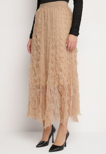 Brązowa Rozkloszowana Spódnica z Półtransparentnego Materiału z Ozdobnym Tłoczeniem Zerivra. Brązowe spódnice Born2be, na co dzień, l, bez wzorów, eleganckie, maxi, proste. Za 44.99 zł.