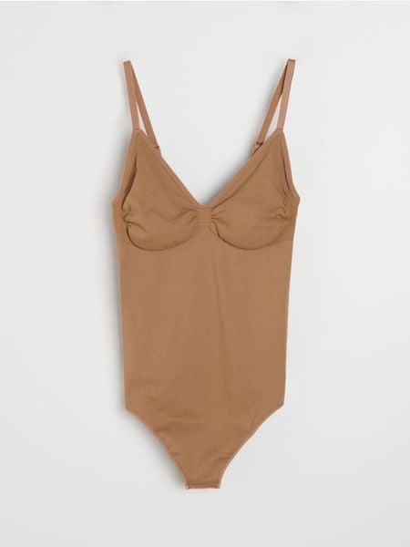 Bezszwowe body na ramiączkach - brązowy. Brązowe body Sinsay, l, bez wzorów. Za 39.99 zł.