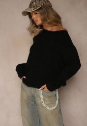 Czarny Casualowy Sweter z Wełną i Wiskozą Lussare. Czarne swetry Renee, bez wzorów, z wełny, bez ramiączek. Za 109.99 zł.