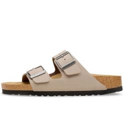 Klapki Birkenstock Arizona Birkibuc Dorosłych. Szare klapki Birkenstock, bez wzorów, z nubiku, bez obcasa. Za 422.96 zł.